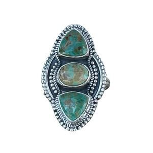 Native Style SW Sterling Silver Green Turquoise 3 Stone Ring Elongated Size 8.5